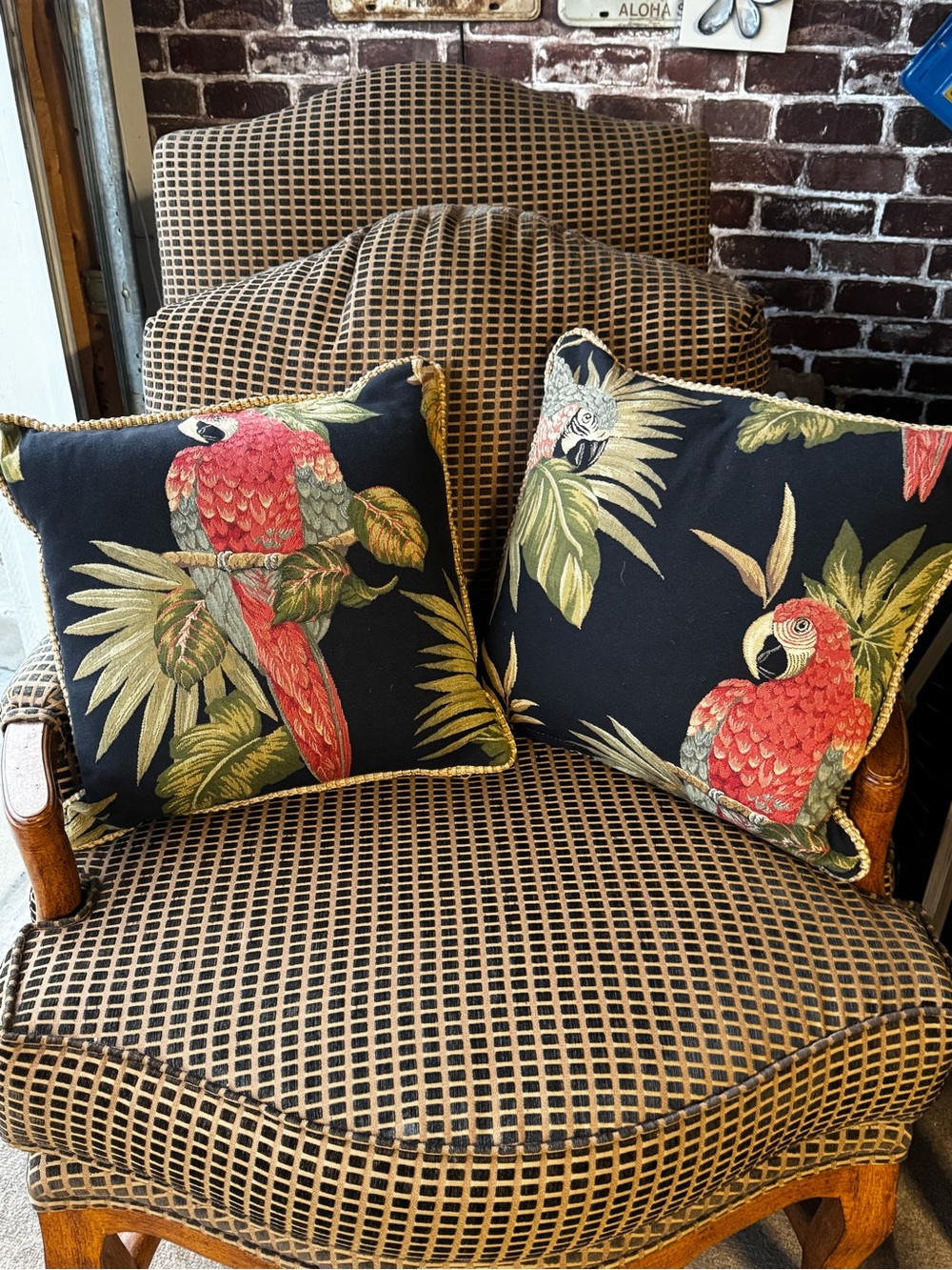 Tapestry Tropical Parrot Accent Pillow in Black and Red